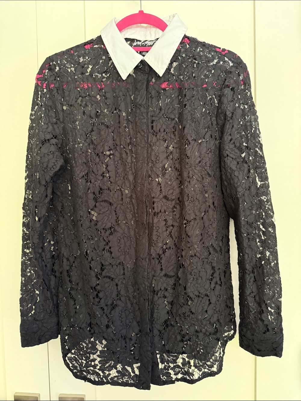 Lord and Taylor Black Floral Lace Button-Up Blouse with White Collar